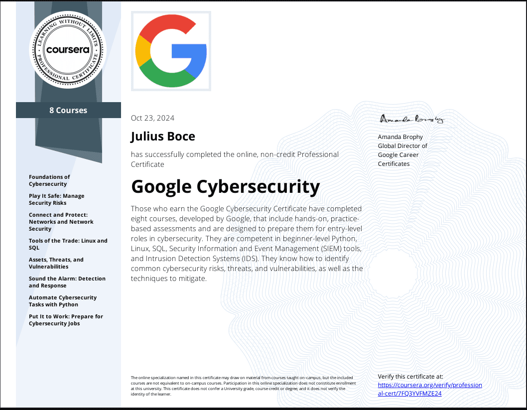 Google Cybersecurity Professional Certificate